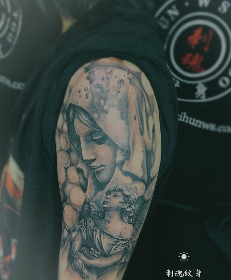 圣母玛丽亚纹身图片_成品手臂欧美人物纹身图案