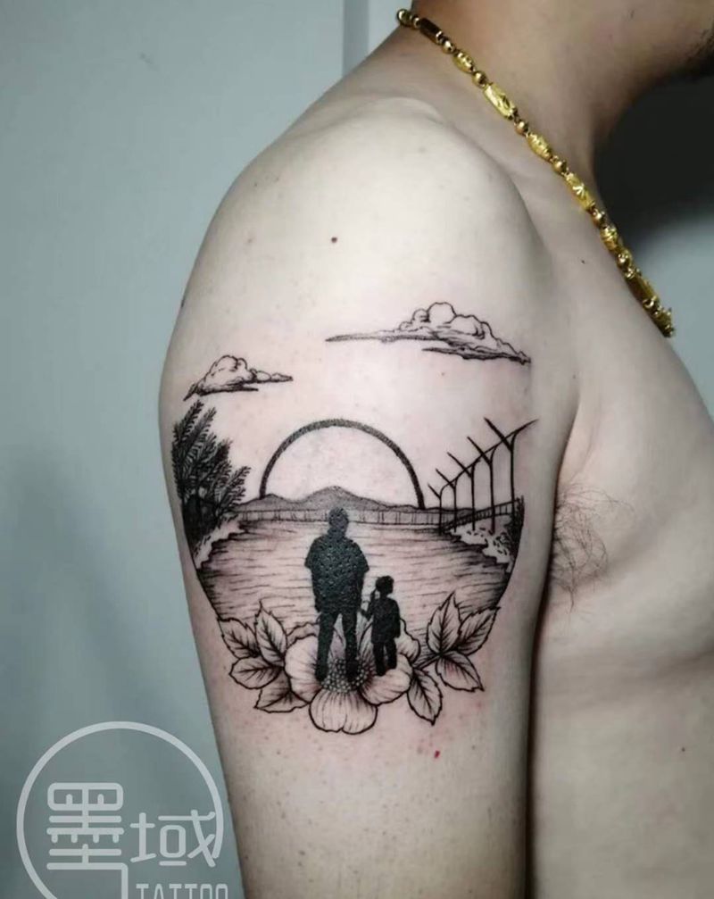 简约人物风景纹身图片_手臂点刺纹身图案