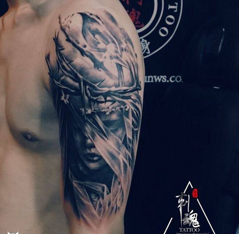 欧美人物纹身图片_原创欧美肖像肩部手臂成品纹身图案