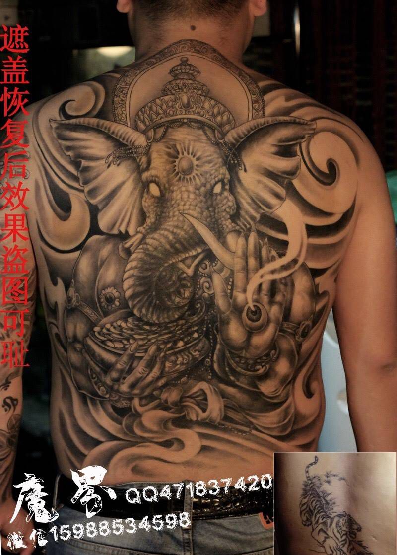 象神纹身图片_成品宗教动物习俗传统背部原创写实鬼神纹身图案