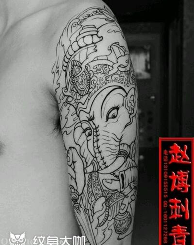 象神包花臂纹身纹身图片_手臂传统鬼神成品纹身图案