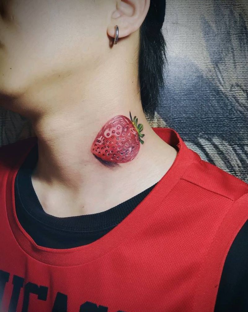 草莓纹身图片_颈部纹身图案