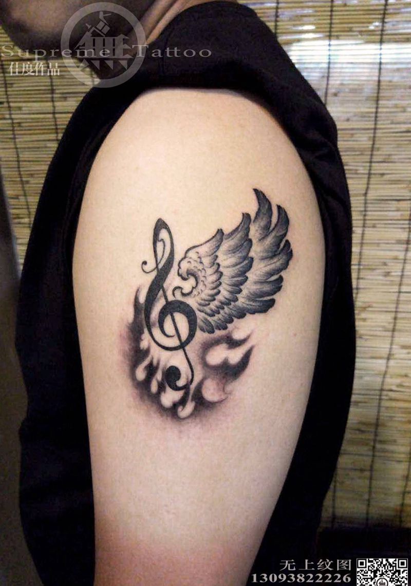 音乐翅膀纹身图片_成品手臂清新静物原创字符纹身图案