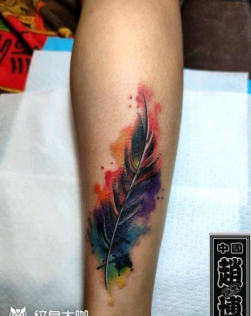 水彩羽毛遮盖纹身纹身图片_腿部水彩水彩羽毛纹身图案