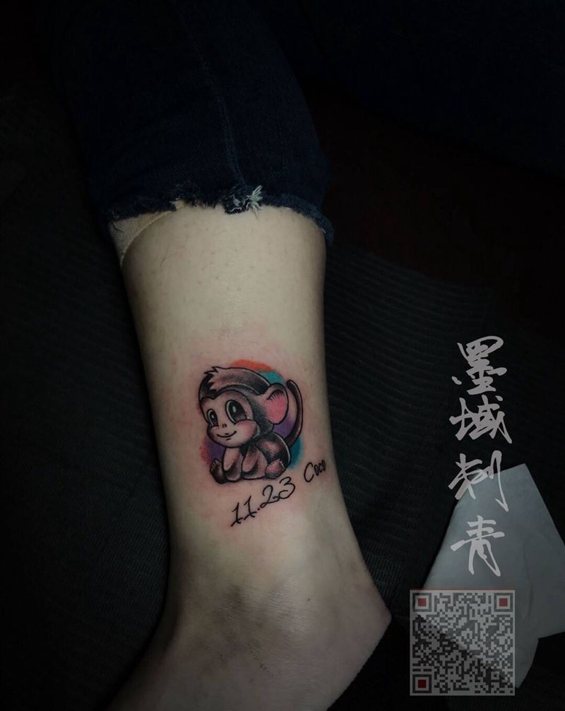 猴年宝贝纹身图片_成品腿部脚部写实清新动物纹身图案
