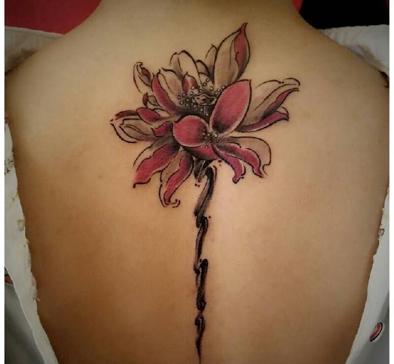 水墨纹身图片_背部传统国画植物原创成品纹身图案