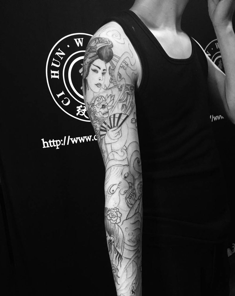 人物花臂纹身纹身图片_手臂手稿肖像人物鬼神纹身图案