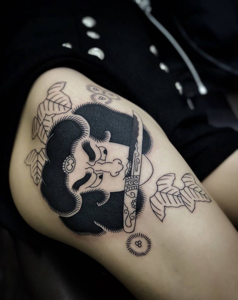 全程圆五作品纹身图片_腿部老传统纹身图案