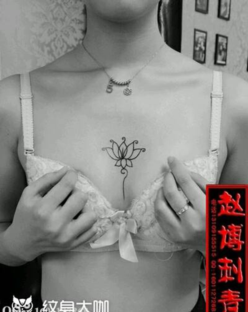 小清新莲花纹身纹身图片_胸部清新植物成品纹身图案