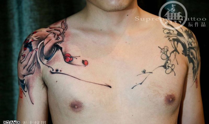 驻店师傅作品纹身图片_成品肩部传统清新植物人物习俗纹身图案