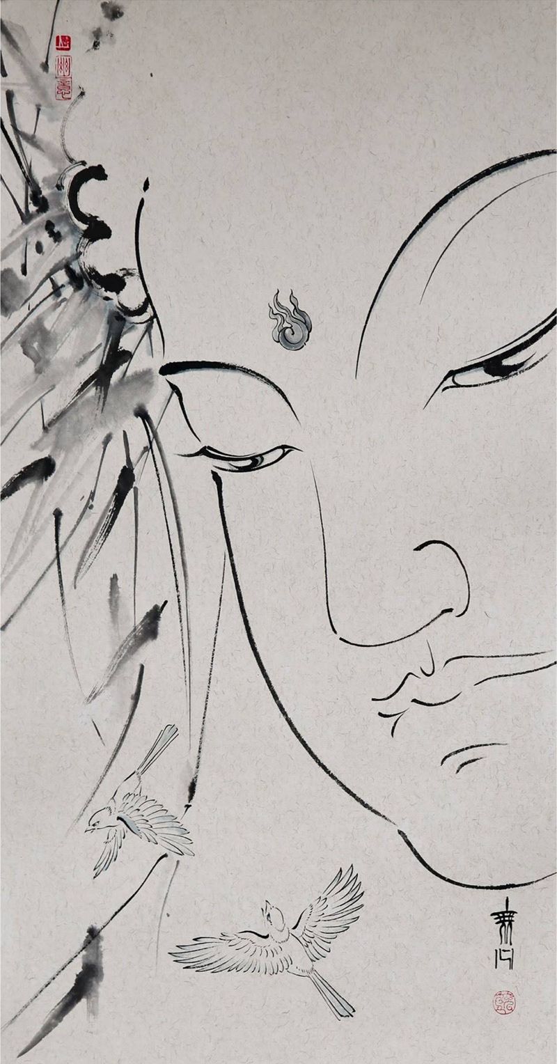 《问心》纹身图片_成品插画传统肖像写实国画清新人物原创宗教纹身图案