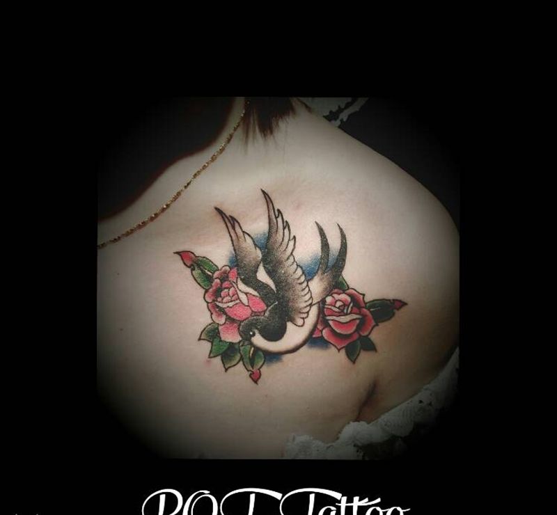 old school纹身图片_肩部胸部欧美动物植物原创成品纹身图案