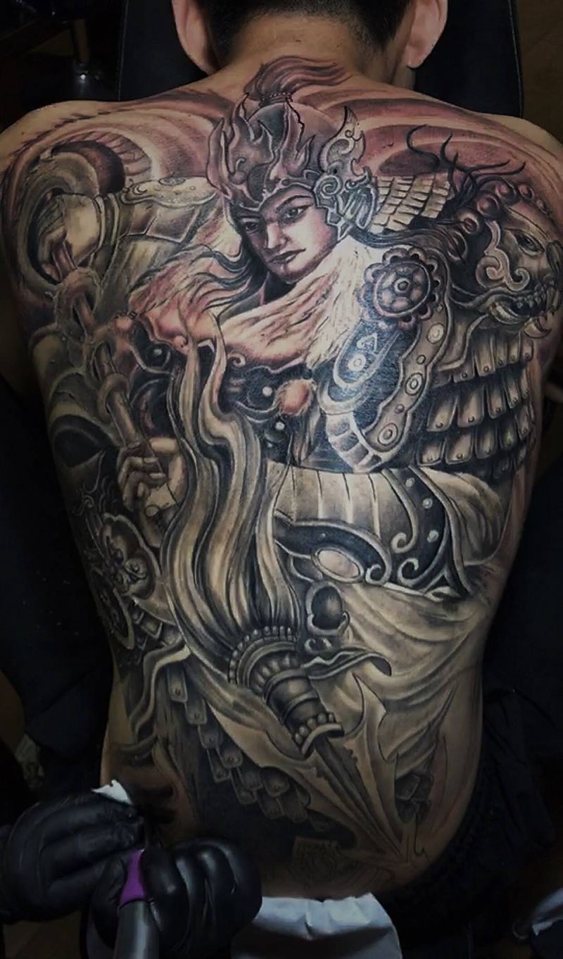 赵云纹身图片_背部新传统老传统纹身图案