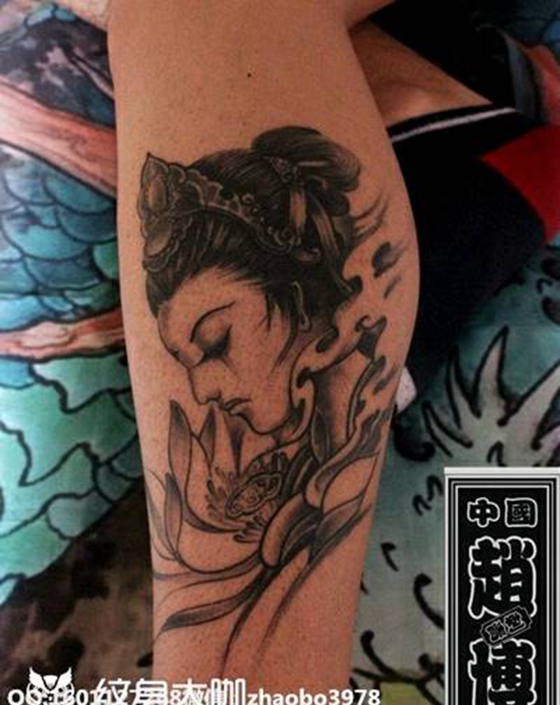 小腿艺妓纹身恢复后纹身图片_腿部传统人物成品纹身图案