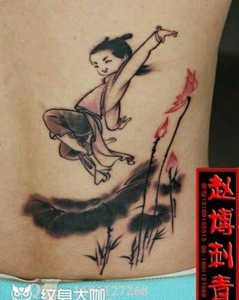 水墨画童趣纹身纹身图片_背部国画原创成品纹身图案