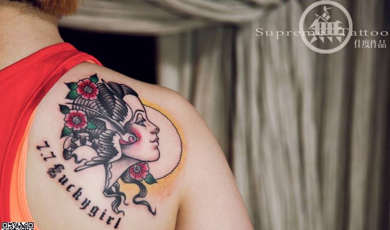 驻店师作品纹身图片_成品肩部欧美人物纹身图案