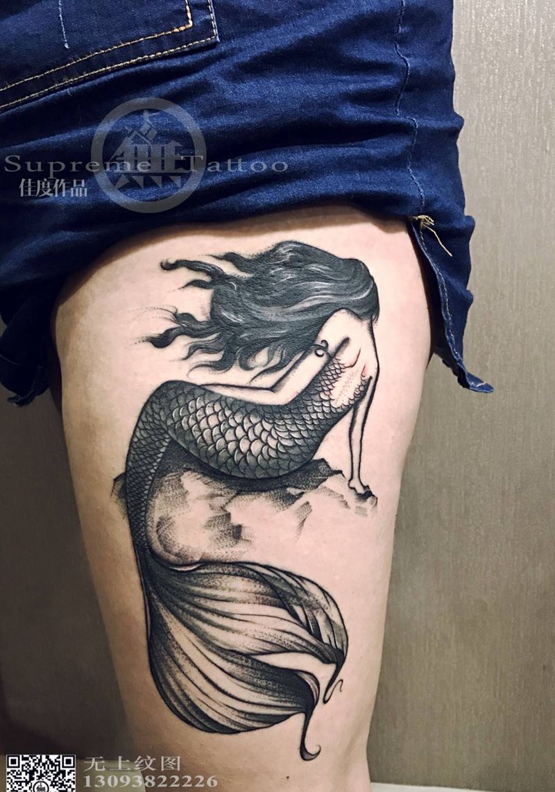 美人鱼修改纹身图片_成品腿部肖像清新鬼神动物人物纹身图案