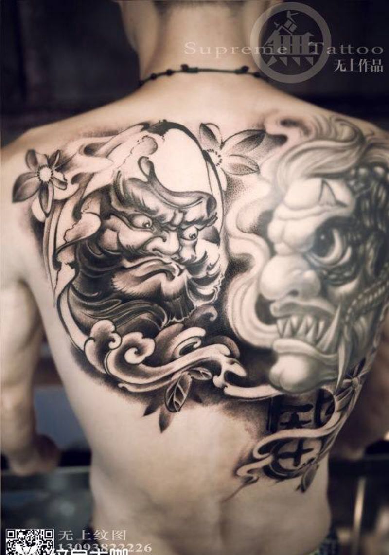 达摩纹身图片_成品背部传统肖像人物纹身图案