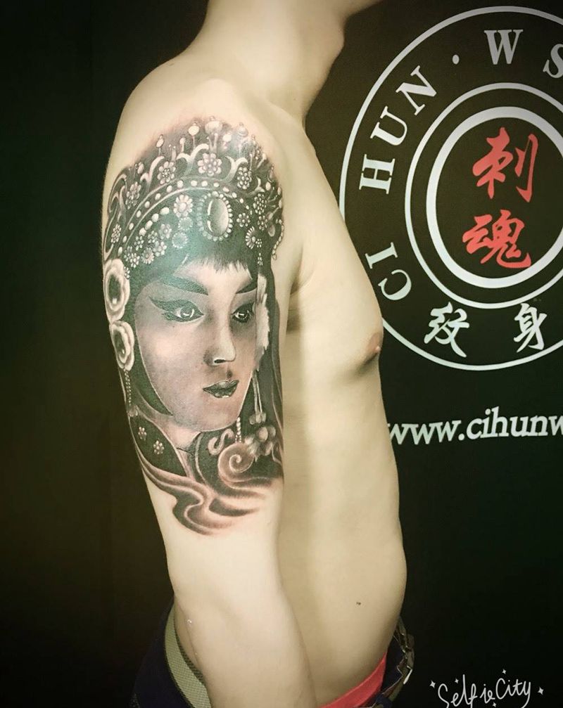 霸王别姬 .虞姬纹身图片_传统手臂成品人物原创纹身图案