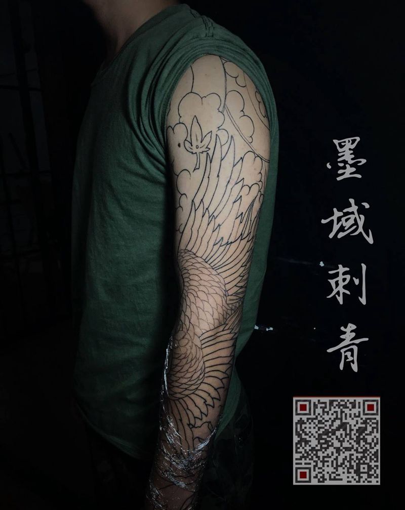 仙鹤故事纹身图片_手稿手臂传统植物纹身图案