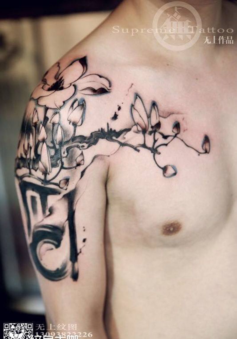 含纹身图片_成品肩部传统字符植物原创纹身图案