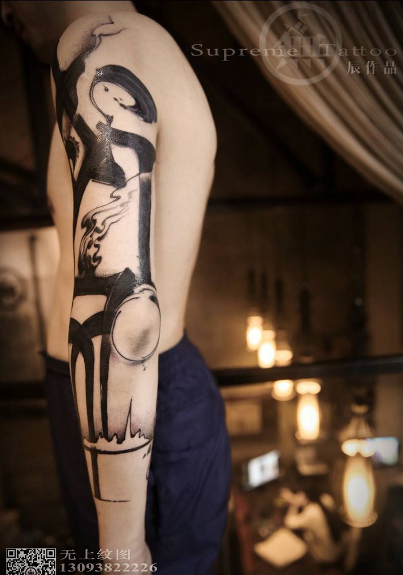 花臂纹身图片_成品手臂书法纹身图案
