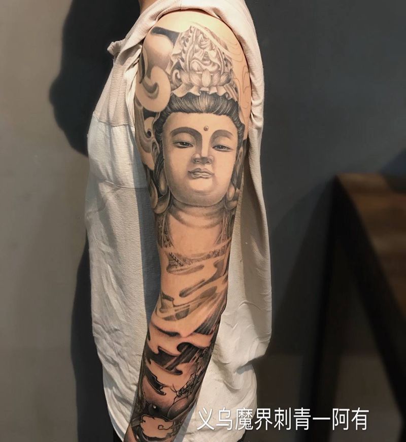 佛系花臂纹身图片_成品手臂传统肖像写实字符人物鬼神宗教手部纹身图案