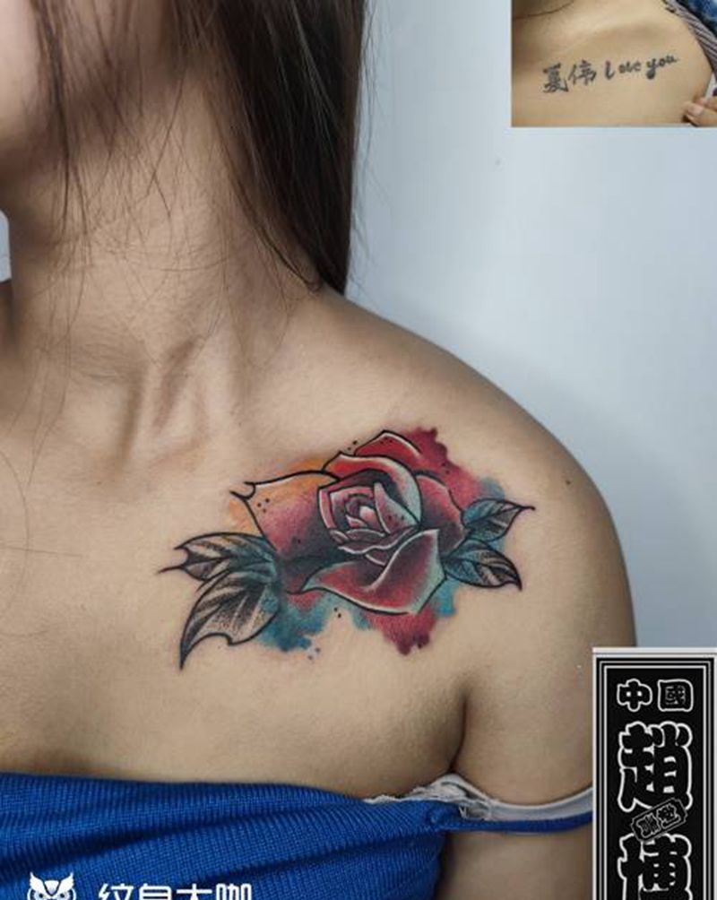 school 玫瑰纹身纹身图片_胸部New School水彩玫瑰花纹身图案