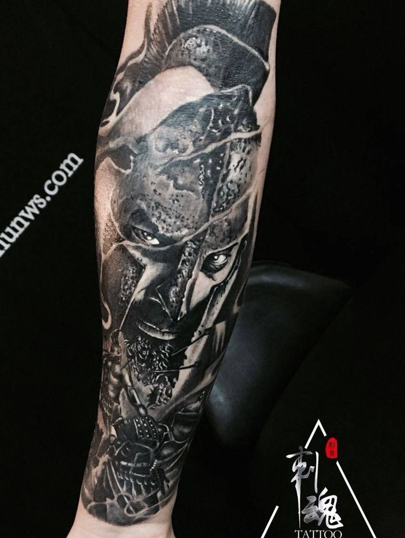 斯巴达勇士纹身图片_成品手臂欧美人物原创纹身图案