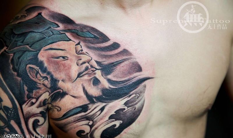 添加诸葛孔明纹身图片_成品胸部手臂传统肖像清新人物原创纹身图案