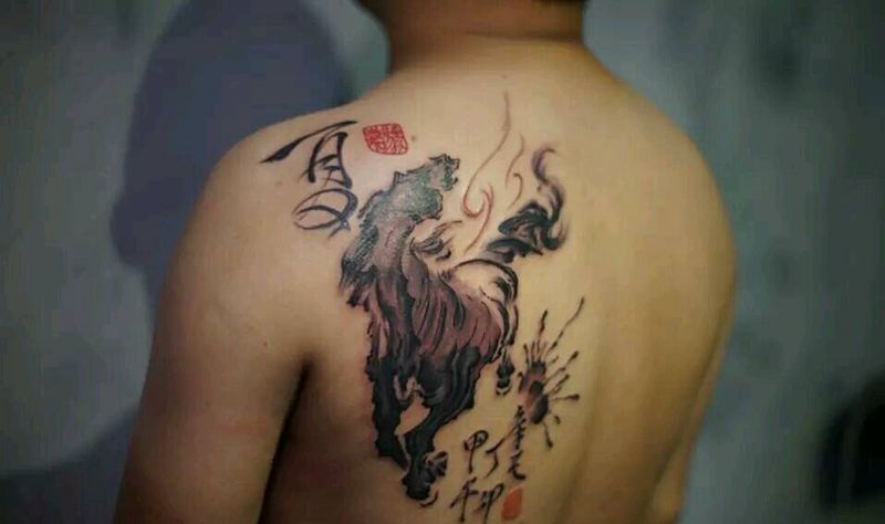 佳骏纹身图片_背部传统习俗国画字符动物原创恢复后成品纹身图案