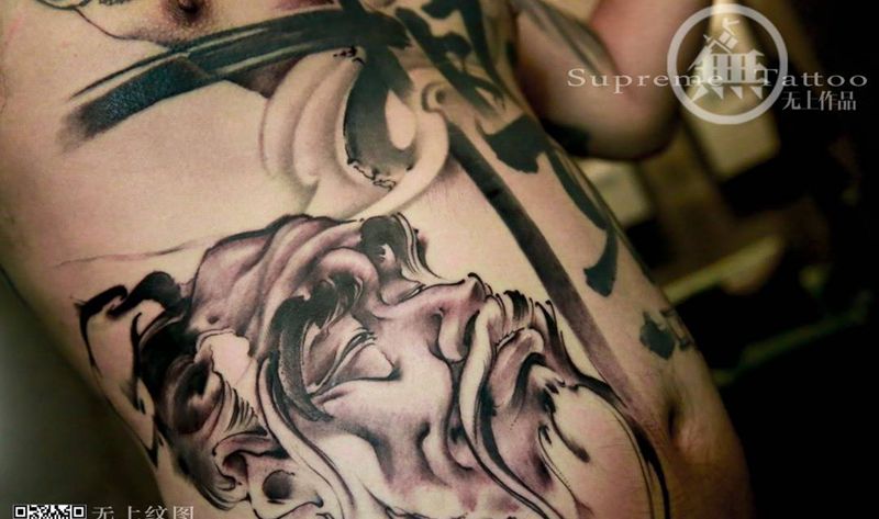 老者纹身图片_成品腹部传统肖像清新人物原创纹身图案