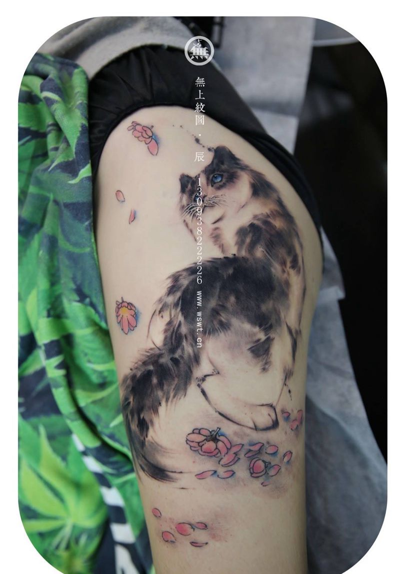 大腿/猫纹身图片_成品腿部动物传统无上纹图水墨纹身图案