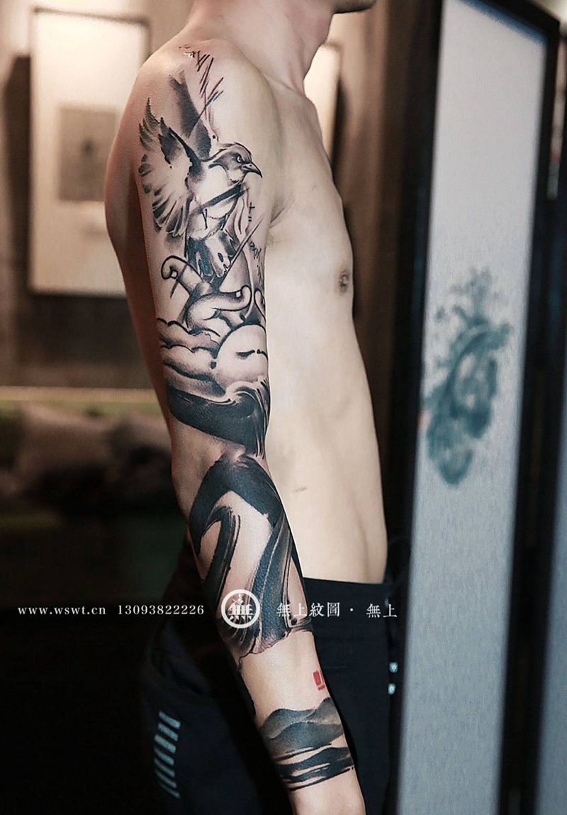 书法花臂纹身图片_成品手臂传统清新字符原创动物无上纹图书法水墨纹身图案