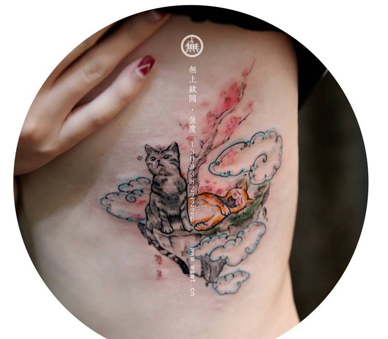 侧腰-小猫纹身图片_成品腰部清新动物无上纹图纹身图案