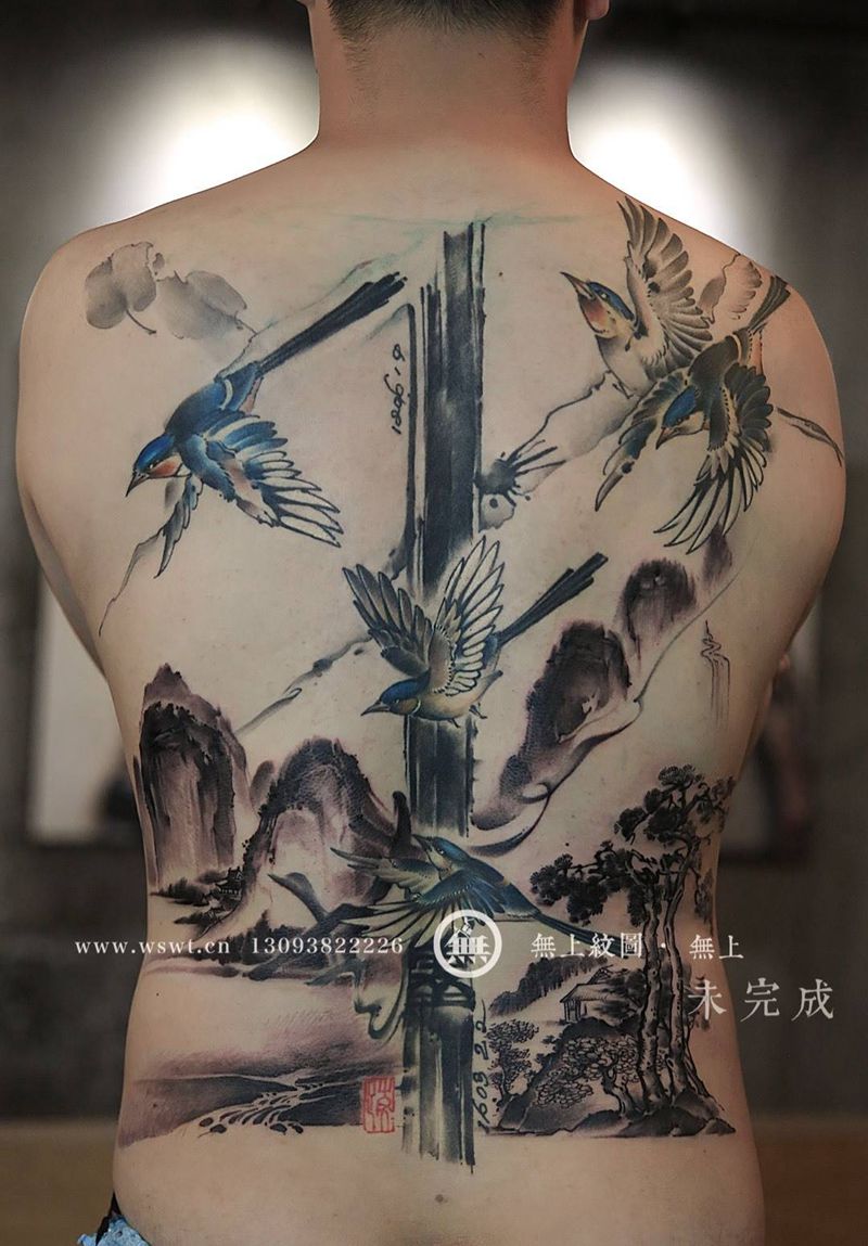 山水画纹身图片_背部国画植物水墨纹身图案