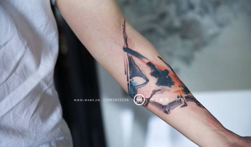 情侣水墨花鸟纹身图片_成品手臂传统清新动物植物原创无上纹图水墨纹身图案