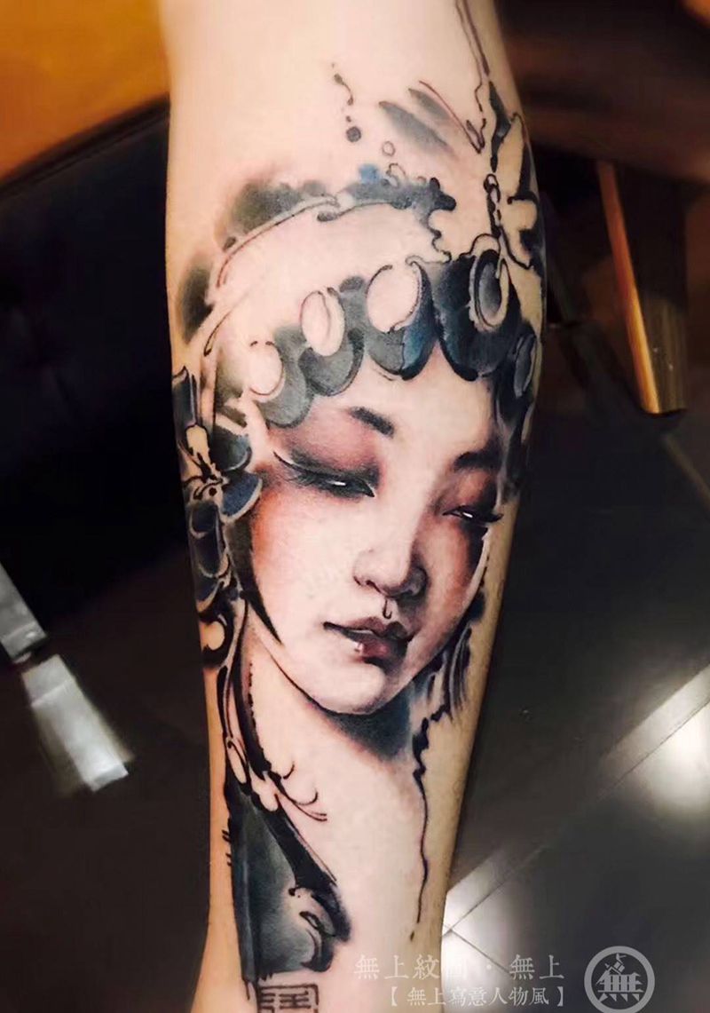 花旦纹身图片_成品腿部传统肖像清新人物原创无上纹图招生手稿纹身图案