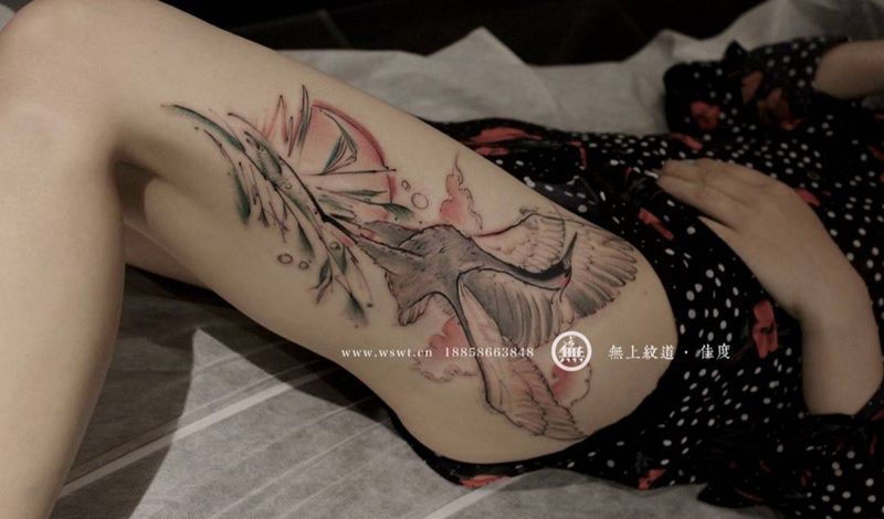 红鹤纹身图片_成品腿部欧美清新动物原创无上纹图培训手稿纹身图案