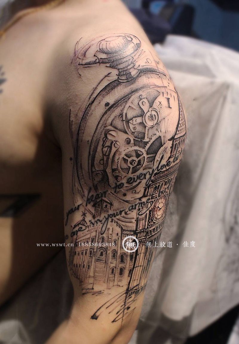 建筑怀表纹身图片_成品手臂清新欧美原创静物无上纹图招生手稿纹身图案