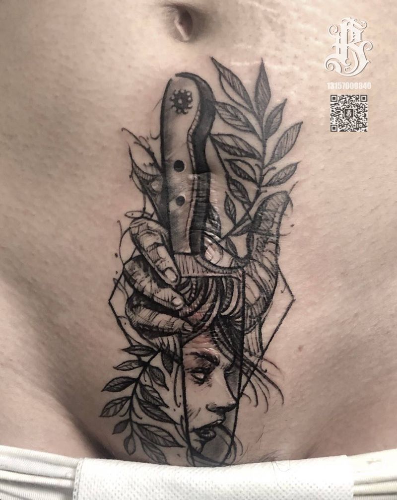 盖疤纹身图片_腹部几何纹身图案