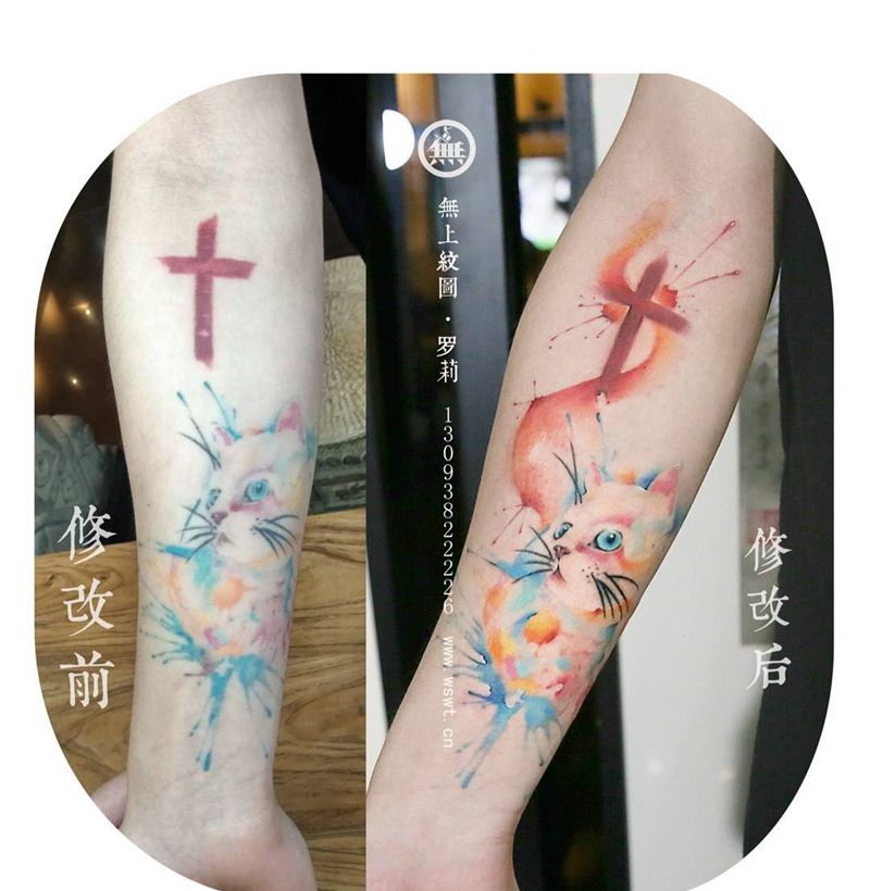 猫咪纹身图片_成品手臂欧美肖像清新动物无上纹图招生水墨纹身图案