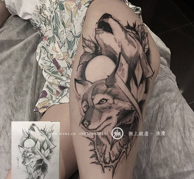 狼头纹身图片_欧美腿部手稿纹身图案