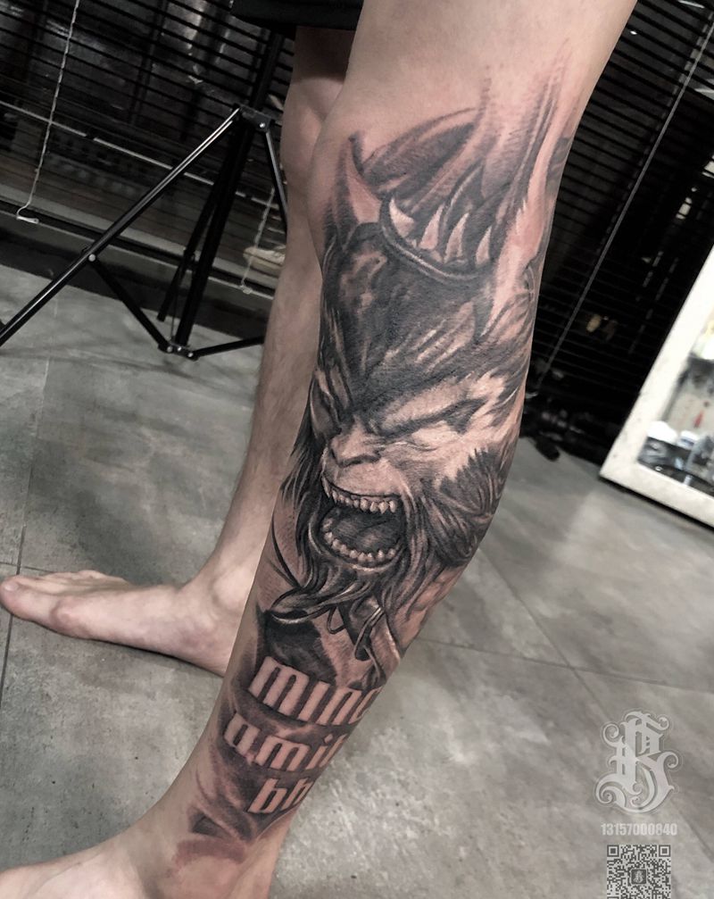 孙悟空纹身图片_腿部欧美写实纹身图案