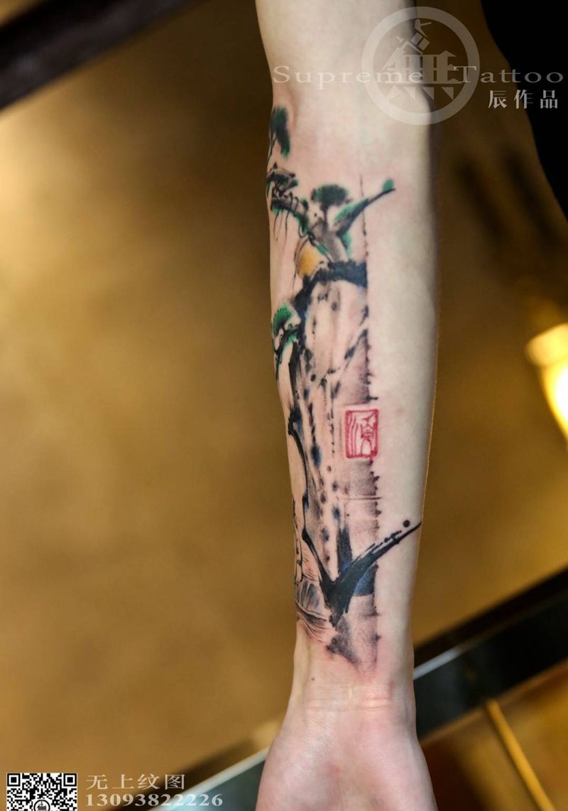 小臂山水画纹身图片_成品插画手臂传统清新国画植物静物纹身图案