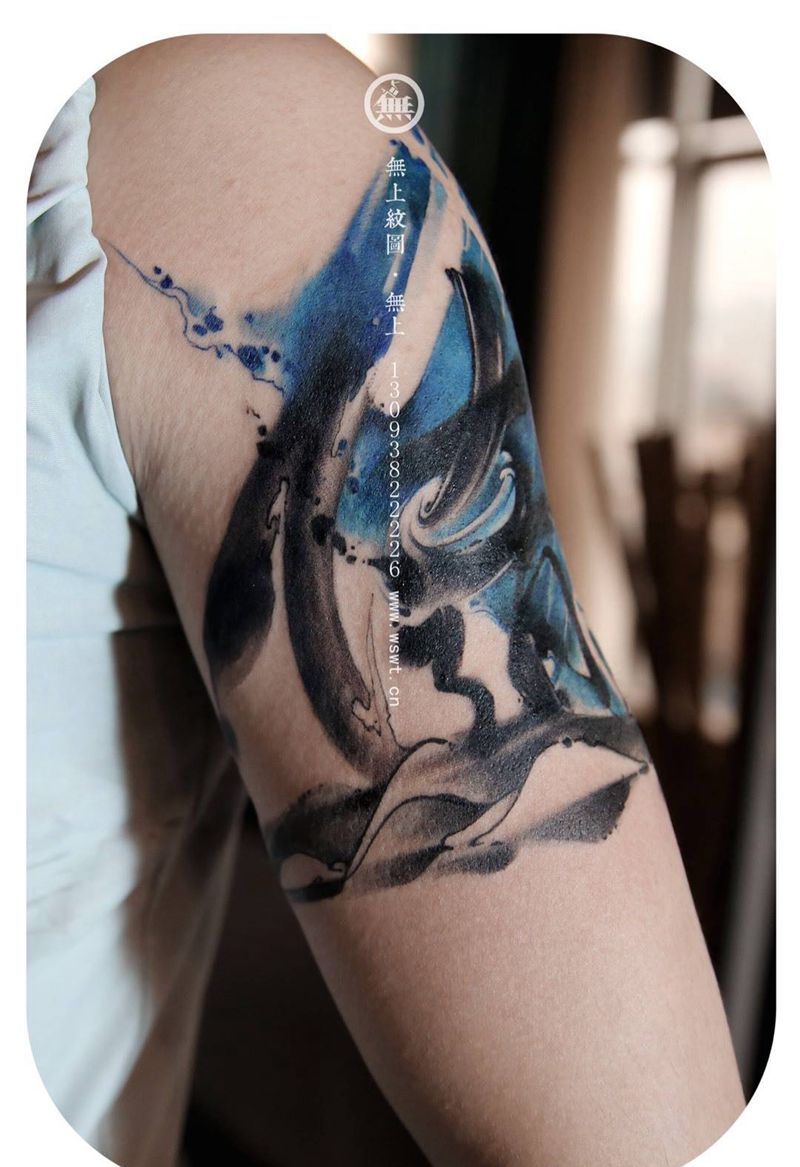 泼墨花臂纹身图片_成品手臂传统原创字符水墨书法纹身图案