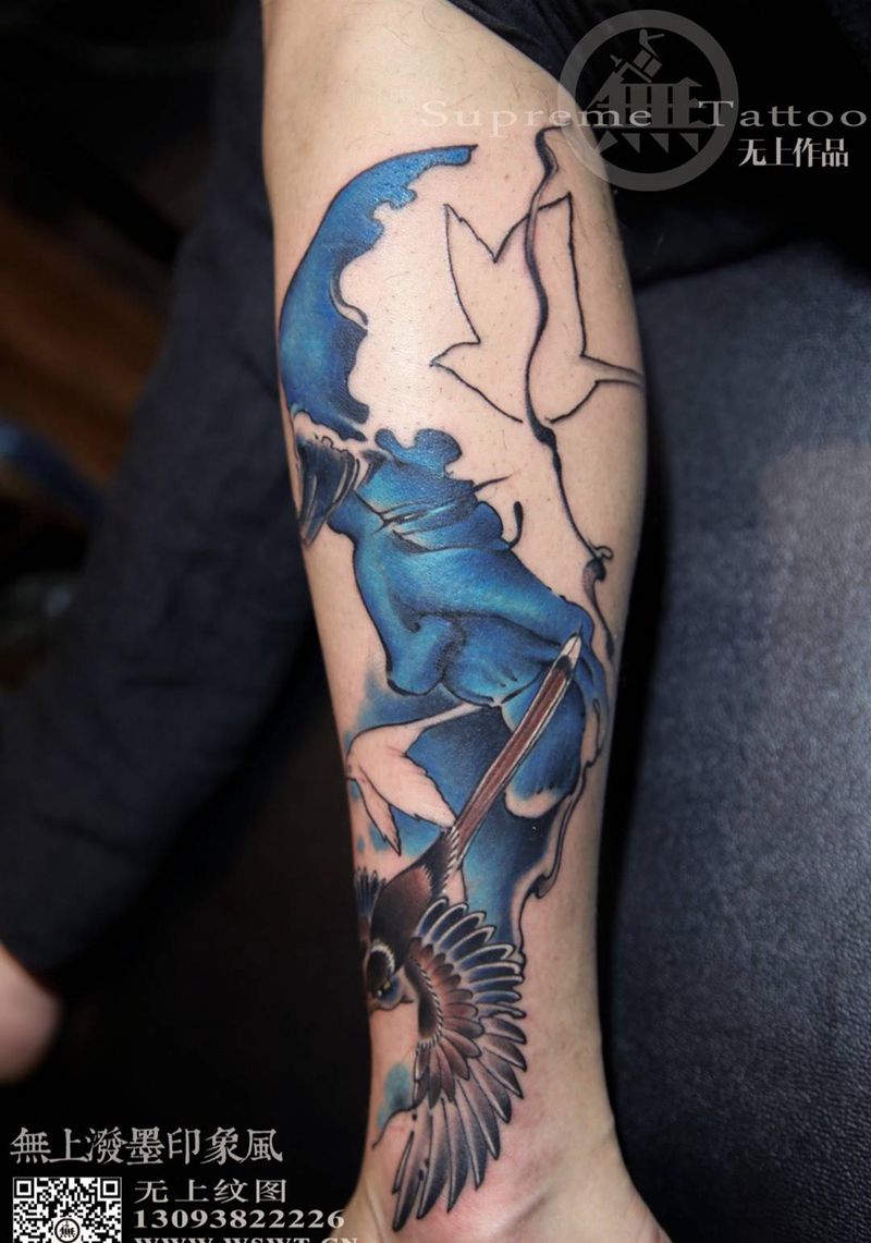 浮生纹身图片_成品手稿腿部传统肖像清新人物动物原创无上纹图纹身图案