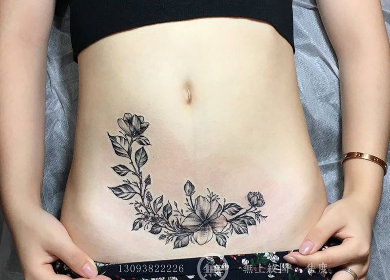 遮盖疤痕纹身图片_成品腹部欧美清新植物图腾无上纹图手稿培训纹身图案