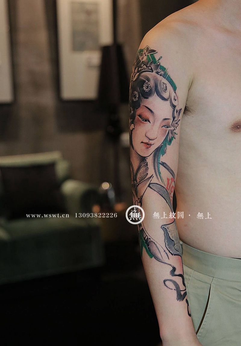 花旦花臂纹身图片_成品手臂传统清新原创人物肖像水墨无上纹图招生纹身图案
