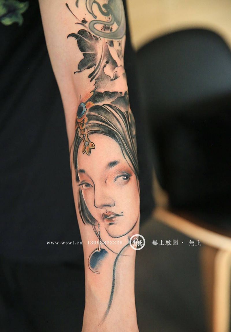 仕女人物纹身图片_成品手臂传统清新人物原创无上纹图水墨纹身图案